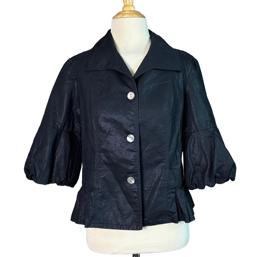 RANDY KEMPER Women Size 8 Black Linen Cotton Bubble Sleeve Jacket Top Feminine‎